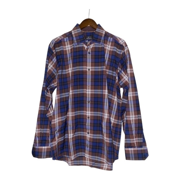 Bugatchi Uomo Shaped Fit‎ Brown Blue Plaid Collared Untucked Men XL Office Work - Picture 1 of 6
